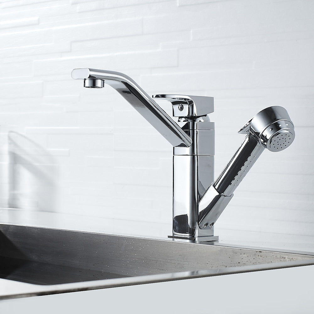 Chrome Single-Hole Bathroom Sink Faucet, Pull-Out Swivel Spout Faucet