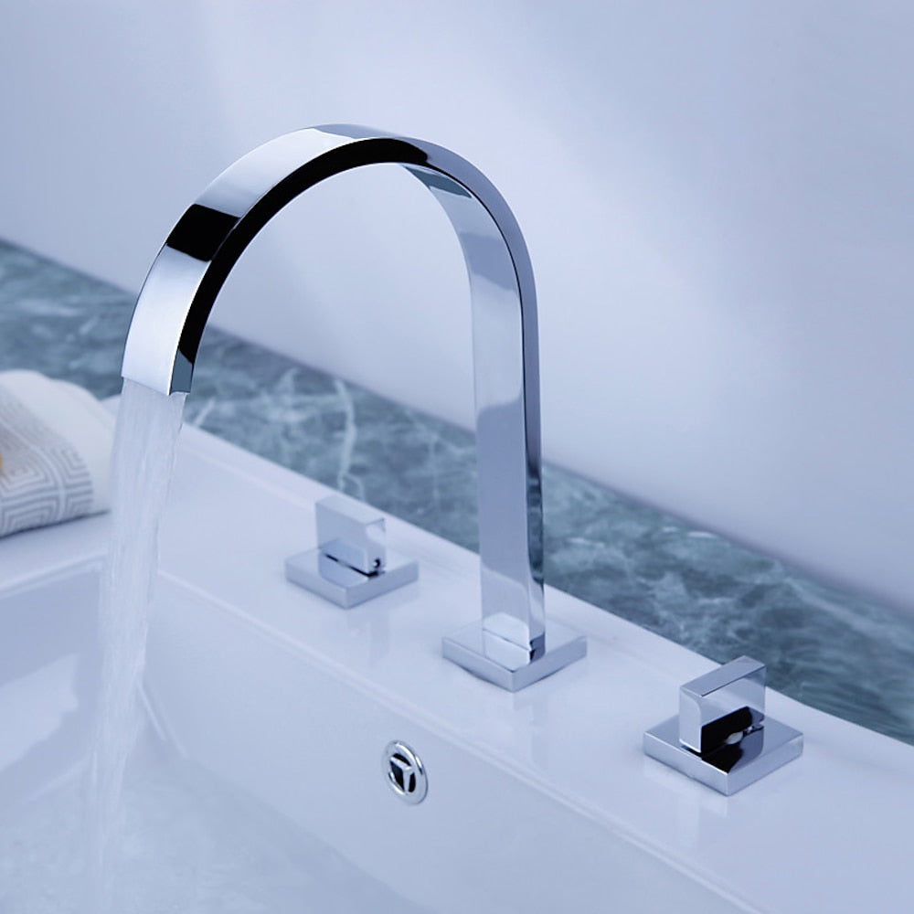 Chrome Waterfall Widespread Bathroom Faucet, Contemporary 3-Hole Double-Handle Faucet with High Arc Swivel Spout