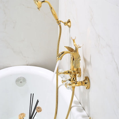 Polished Gold Swan Wall-Mount Bathtub Faucet, Vintage Dual-Handle Brass Tub Mixer with Handheld Shower