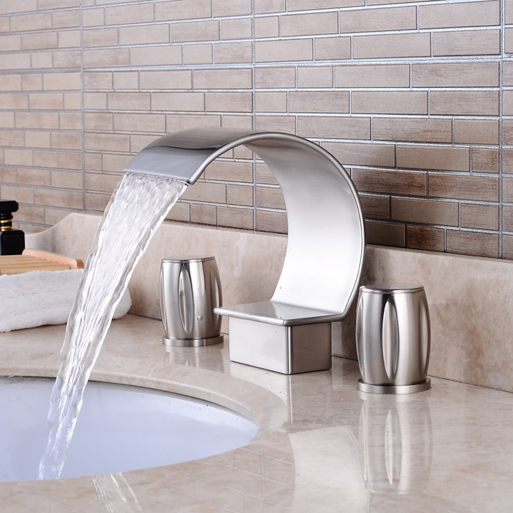 Waterfall Modern Bathroom Faucet, 3-Hole Widespread Dual-Handle Brass Faucet, Chrome / Matte Black / Brushed Nickel / Polished Gold