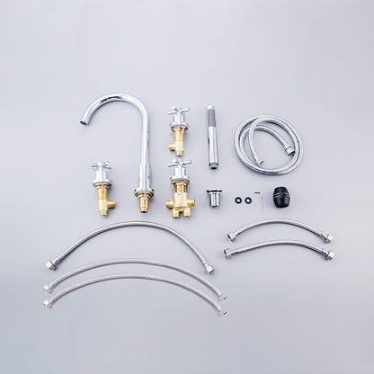 Chrome 5-Hole Deck-Mount Tub Filler Faucet, 3-Handle Brass Tub Faucet with Handheld Shower