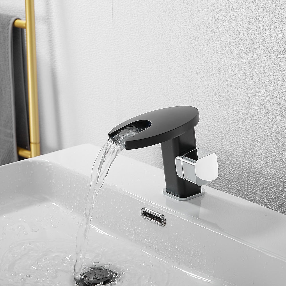 LED Waterfall Bathroom Faucet, Single-Handle Deck-Mount Faucet, Matte Black / Chrome / Polished Gold / Matte White