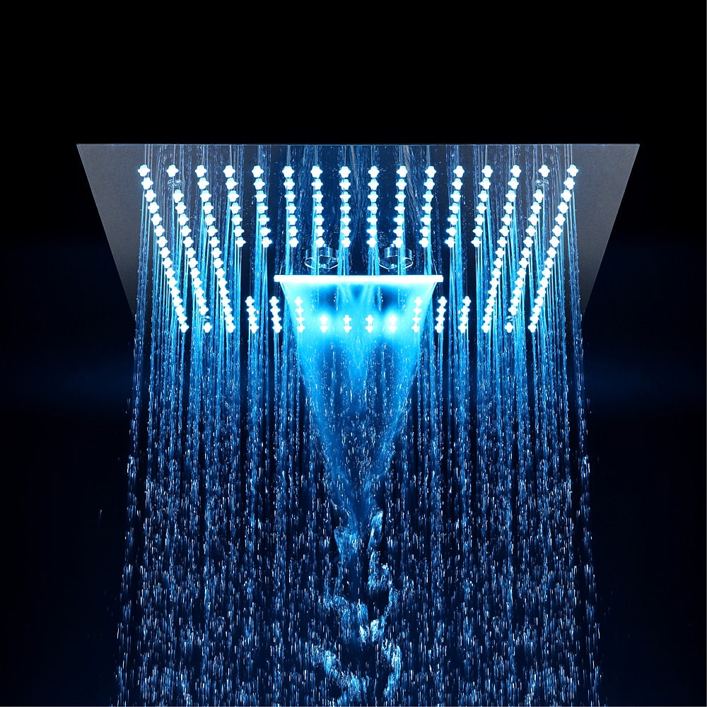 Chrome LED Waterfall Ceiling-Mount Shower Head, Large Square Stainless Steel Shower Head