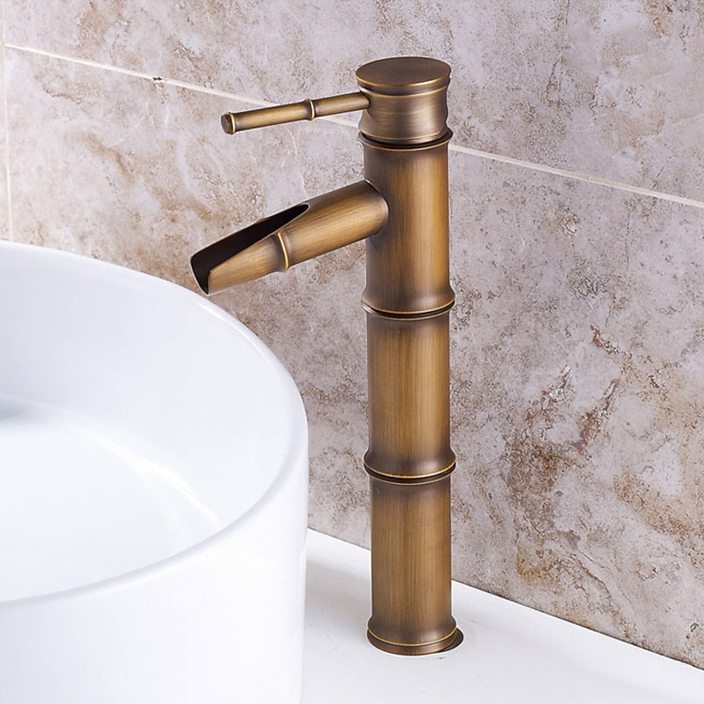 Bamboo Shape Waterfall Bathroom Faucet, Single-Handle Vessel Sink Faucet, Antique Brass / Matte Black / Brushed Nickel