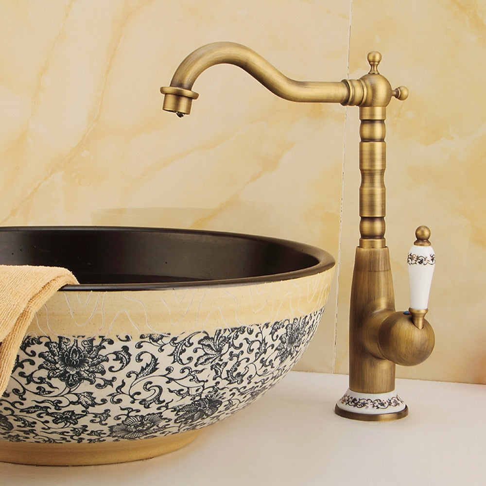 Antique Single-Hole Vessel Sink Faucet, High-Arc Faucet with Ceramic Lever Handle