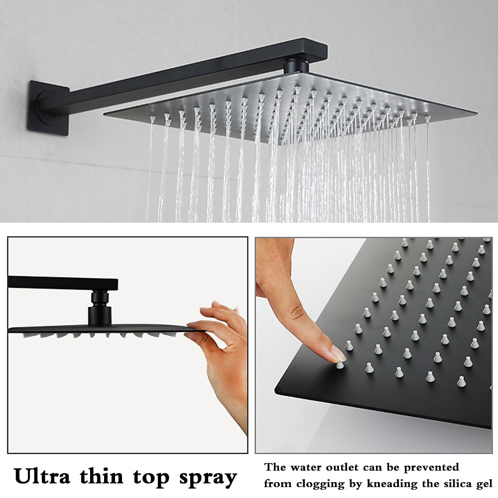 Matte Black Wall-Mounted Rainfall Shower System, Concealed Shower Faucet Set with Handheld Shower