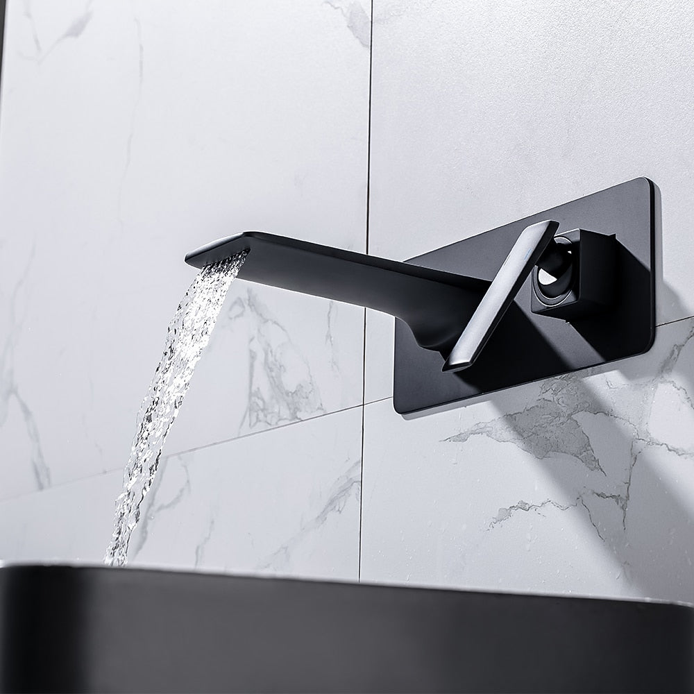 Modern Waterfall Bathroom Faucet, Wall-Mount Single-Handle Vessel Sink Faucet, Matte Black / Chrome