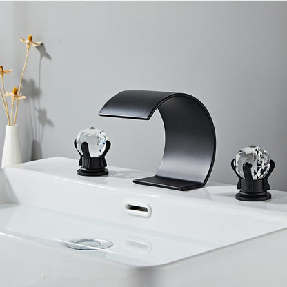 Waterfall Widespread Bathroom Faucet, 3-Hole Dual Crystal Knob Handle Faucet, Chrome / Matte Black / Polished Gold / Brushed Nickel