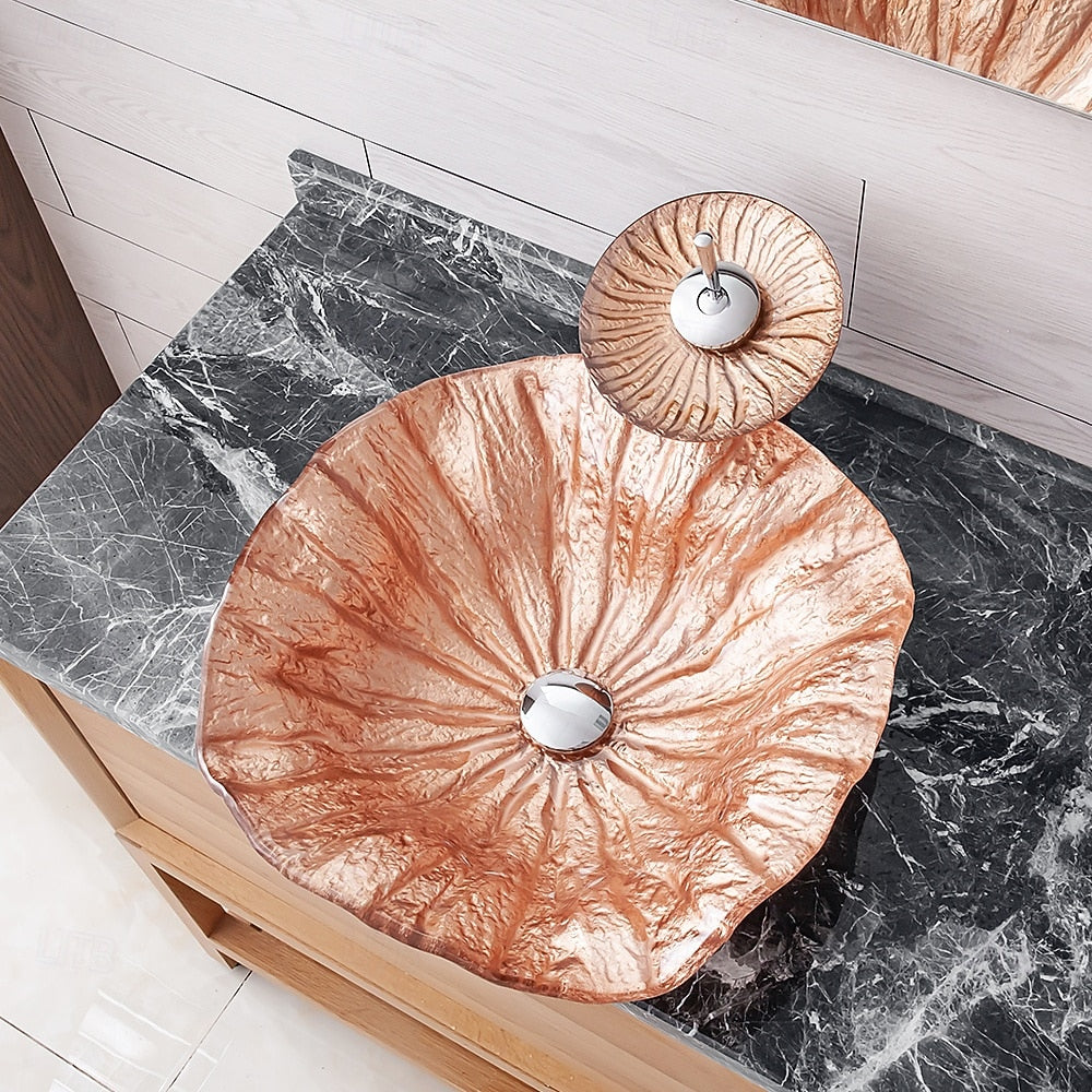Rose Gold Waterfall Tempered Glass Vessel Sink, Single-Handle Chrome Faucet with Pop-Up Drain