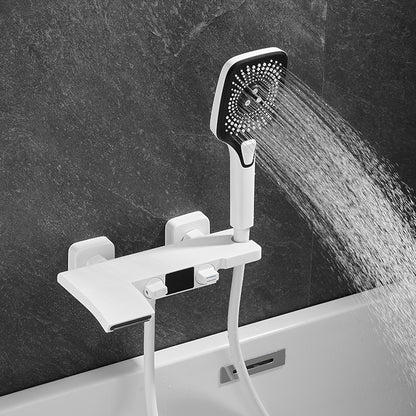 Wall-Mount Waterfall Tub Faucet, Dual-Handle Bath Mixer Tap with Handheld Shower