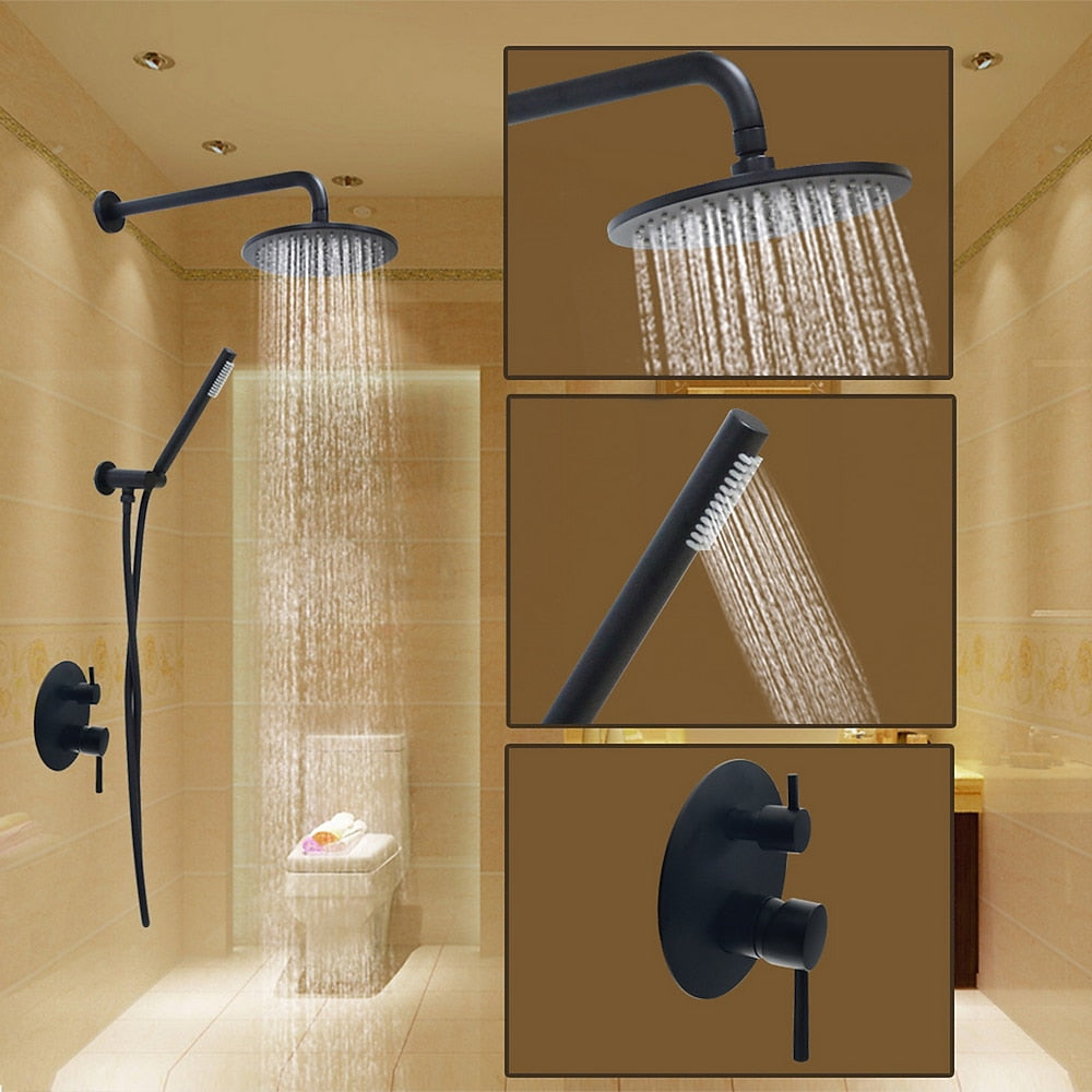 Rainfall Matte Black Wall-Mounted Shower System, Single-Handle Faucet with Handheld Shower