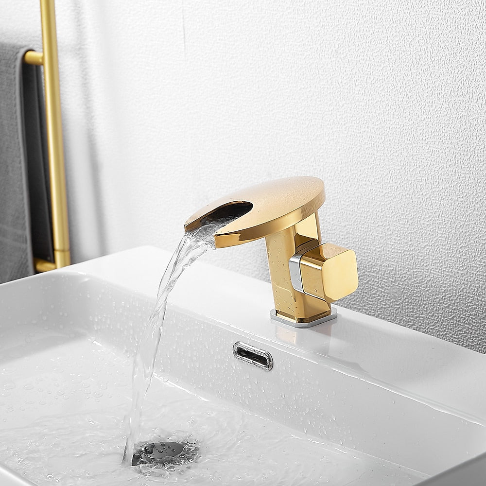 LED Waterfall Bathroom Faucet, Single-Handle Deck-Mount Faucet, Matte Black / Chrome / Polished Gold / Matte White