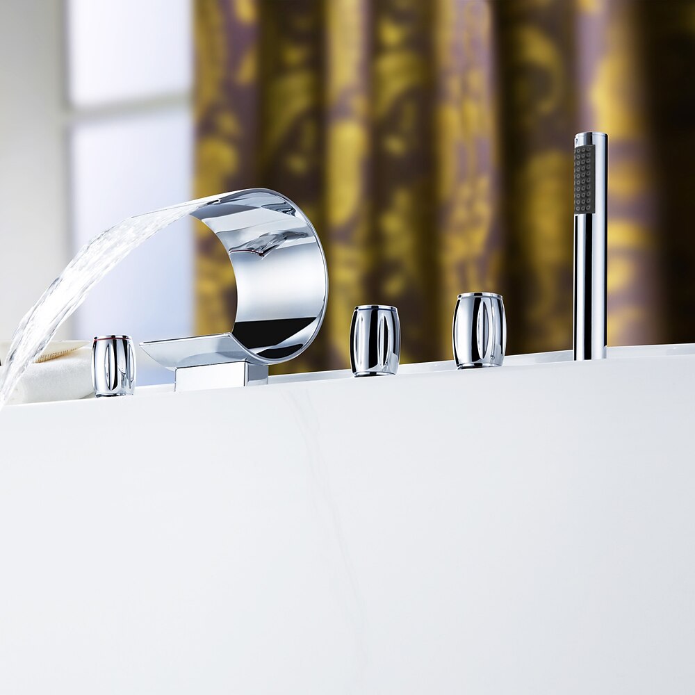 Modern Waterfall Roman Tub Faucet, 3-Handle Brass Bathtub Faucet with Handheld Shower, Matte Black / Chrome