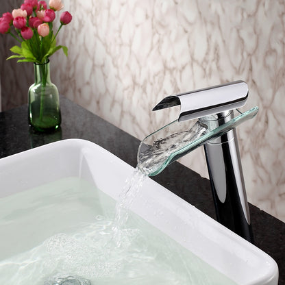 Chrome Modern Waterfall Bathroom Faucet, Single-Handle Vessel Sink Faucet with Glass Spout