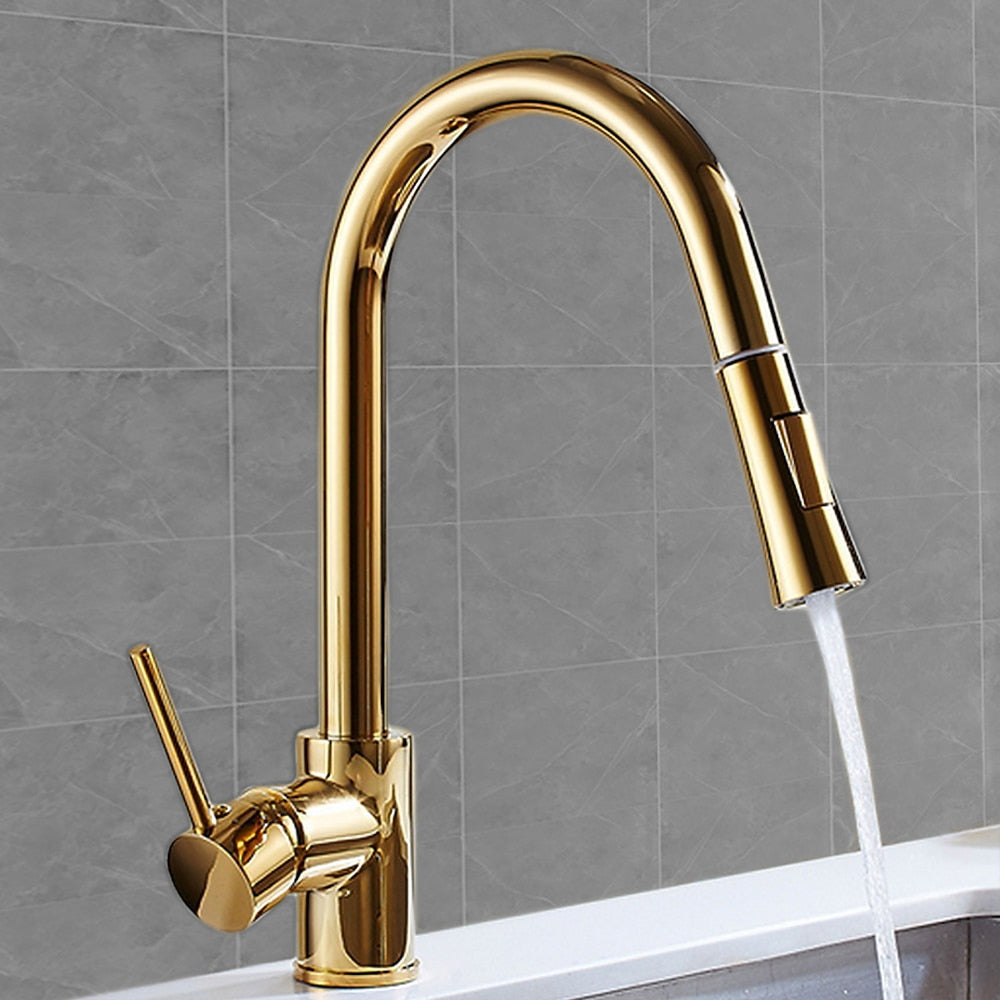 Polished Brass Pull-Down Kitchen Faucet, Single-Hole Single-Handle High Arc Swivel Brass Faucet