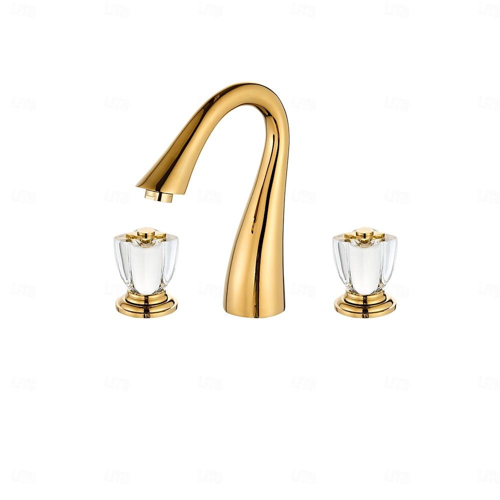 Polished Gold Modern Widespread Bathroom Faucet, Double Crystal Handle 3-Hole Faucet with High Arc Spout