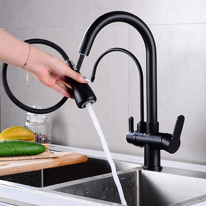 Modern 3-Way Pull-Down Kitchen Faucet, Dual-Handle Swivel Gooseneck Faucet, Gunmetal / Matte Black / Chrome / Matte White / Two-Tone / Antique Brass / Brushed Gold / Brushed Nickel