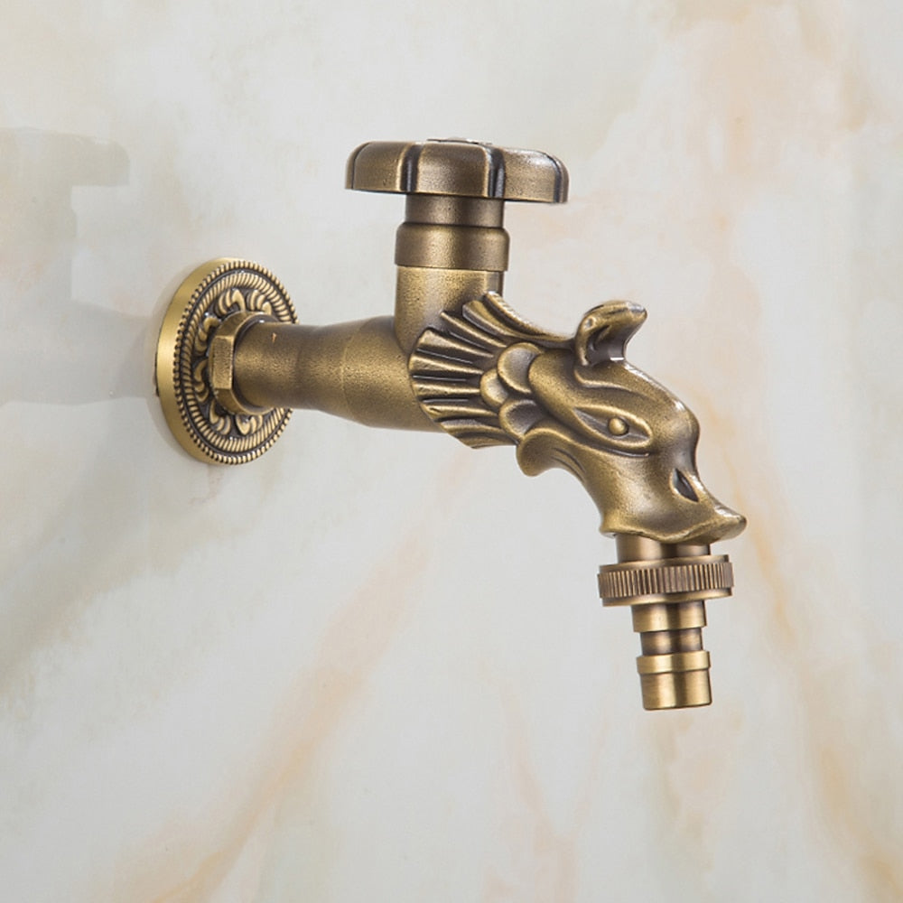 Vintage Dragon Wall-Mount Garden Faucet, Single Wheel Handle Outdoor Faucet, Antique Brass / Matte Black / Brushed Gold