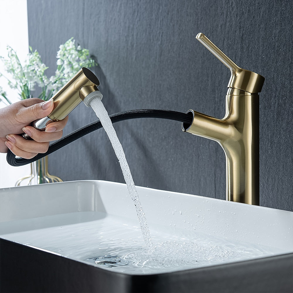 Pull-Out Single-Hole Bathroom Faucet, Modern Single-Handle Basin Faucet with 2-Mode Sprayer, Matte Black / Brushed Gold / Gunmetal