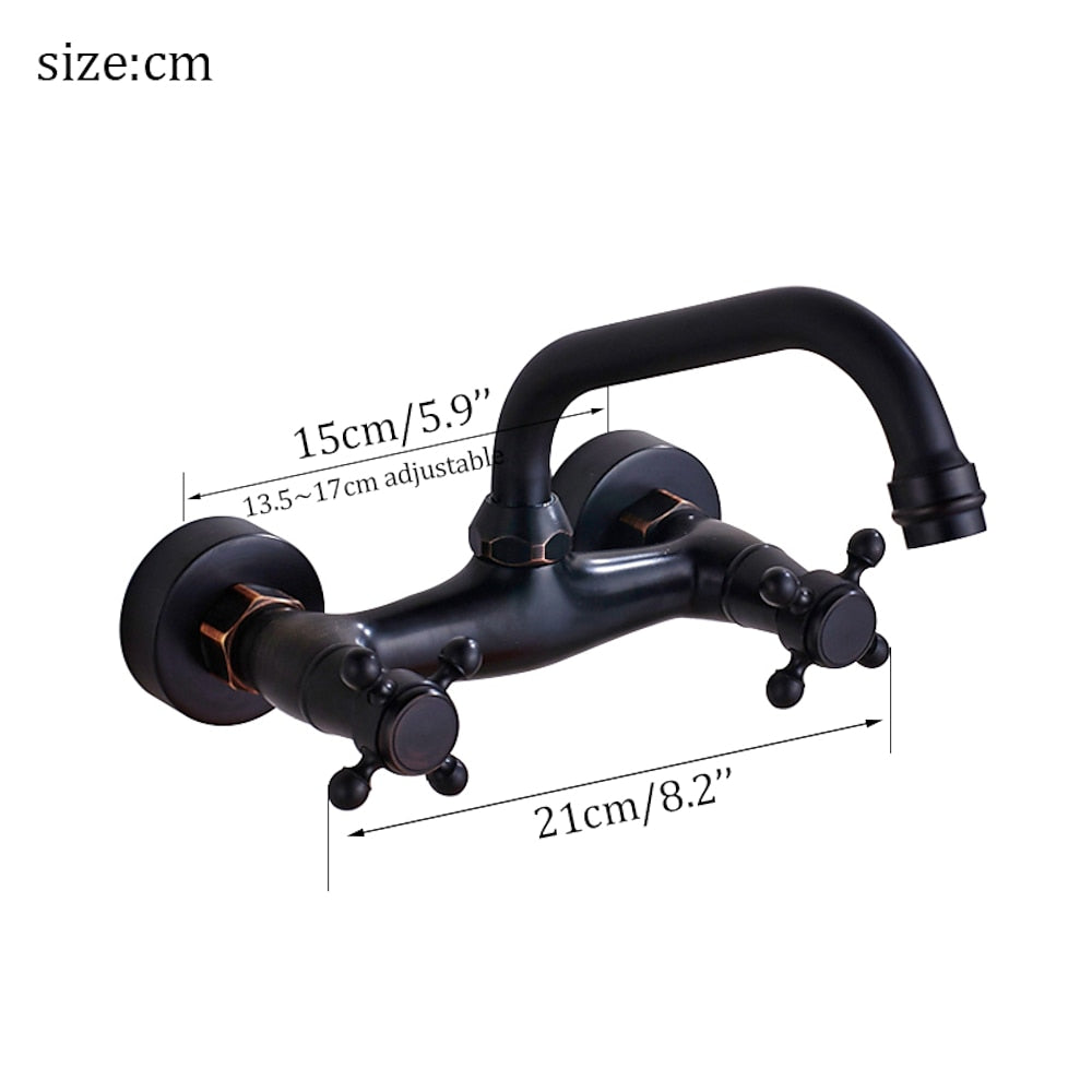 Wall-Mount Vintage Oil-Rubbed Bronze Brass Bathroom Sink Faucet, Double-Handle Swivel High Arc Spout Faucet