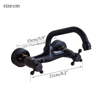 Wall-Mount Vintage Oil-Rubbed Bronze Brass Bathroom Sink Faucet, Double-Handle Swivel High Arc Spout Faucet