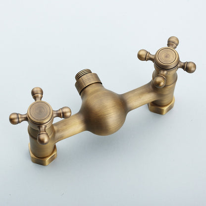 Antique Brass Retro Wall-Mount Shower Faucet, Dual-Handle Brass Faucet with Handheld Shower