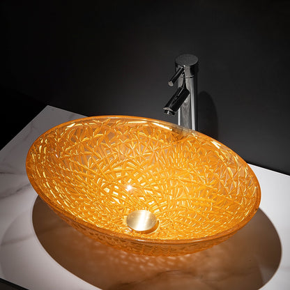 Orange Oval Glass Vessel Sink with Chrome Faucet, Single-Handle Bathroom Vessel Faucet with Pop-Up Drain
