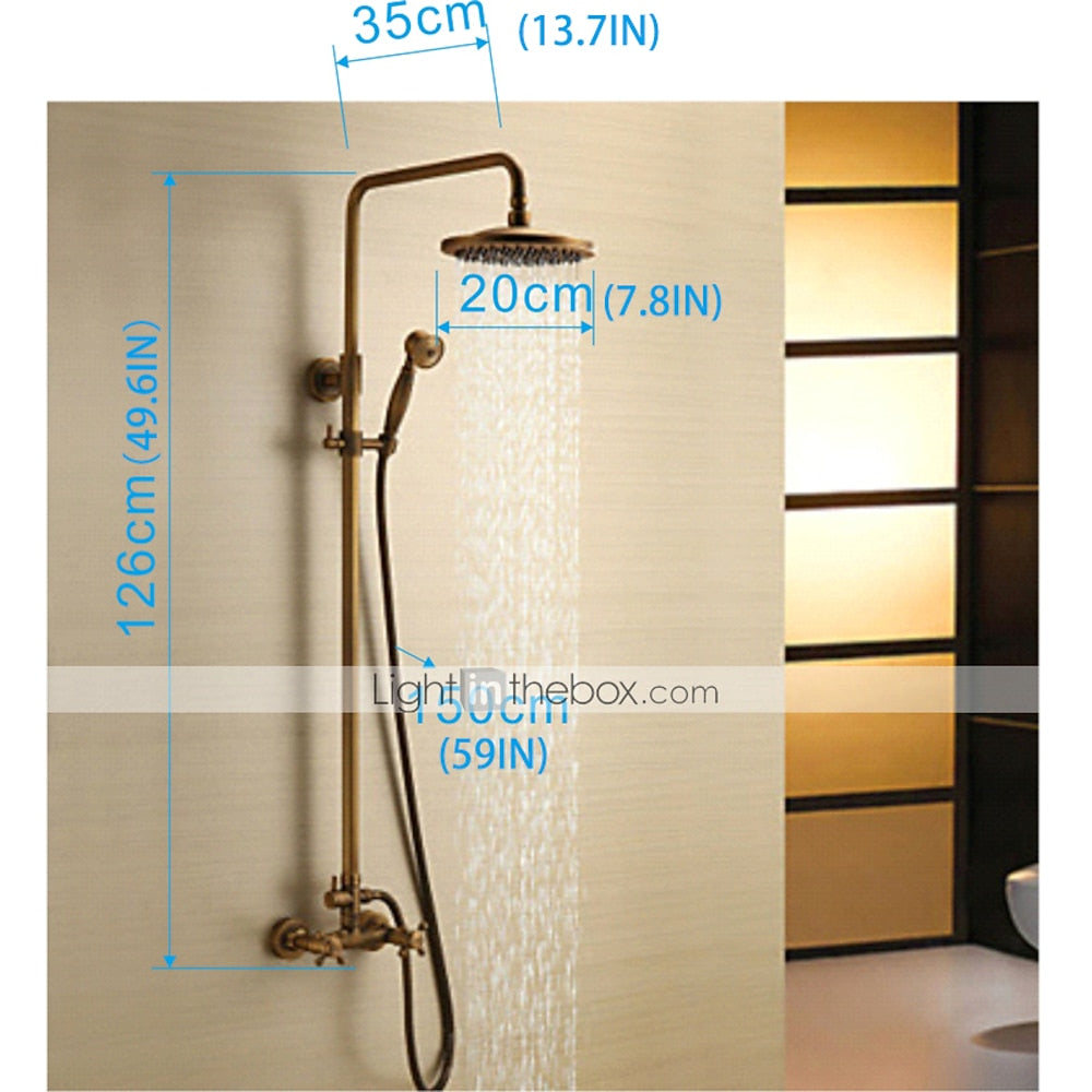 Antique Brass Rainfall Shower System, Wall-Mounted Exposed Pipe Faucet with Handheld Shower