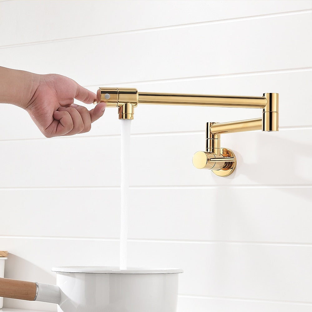 Wall-Mount Folding Pot Filler Faucet, Dual-Handle Kitchen Faucet, Chrome / Matte Black / Polished Gold / Brushed Gold