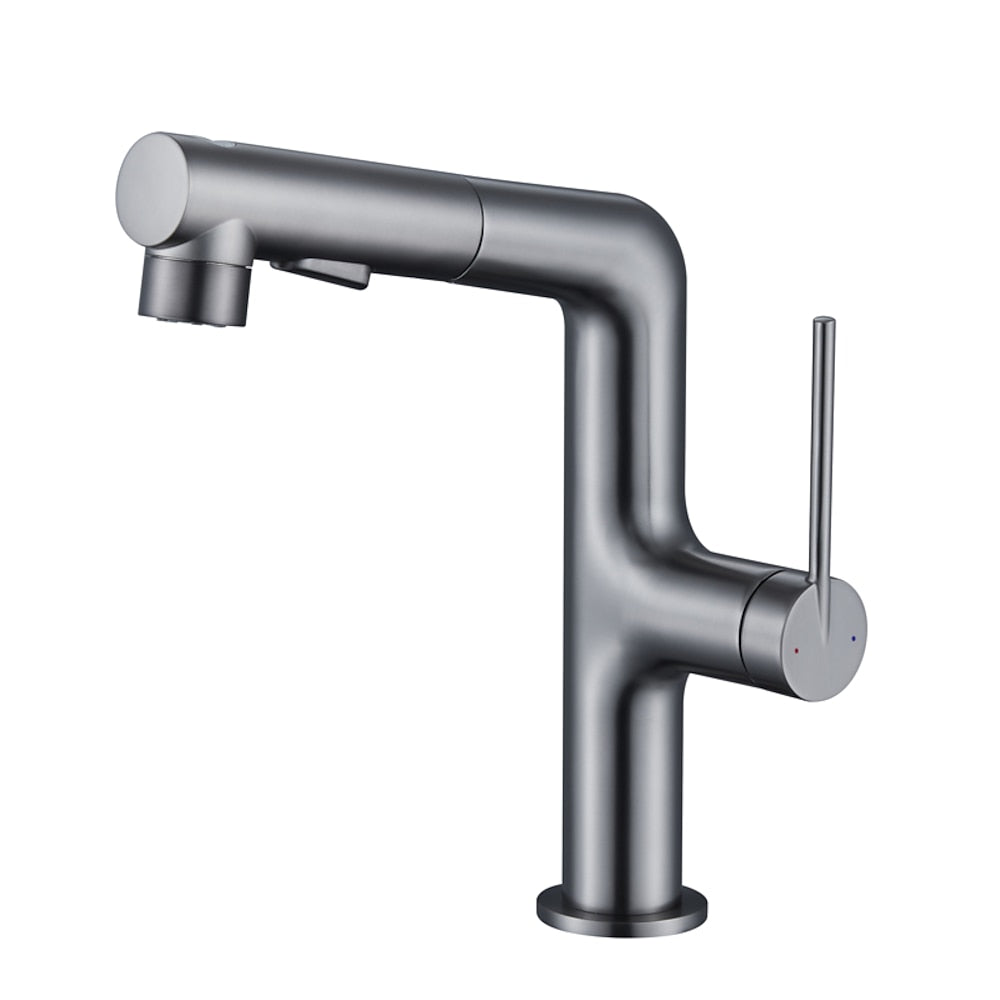 Pull-Out Spray Bathroom Faucet, Modern Single-Hole Single-Handle Brass Faucet, Gunmetal / Matte Black / Brushed Gold / Matte White / Chrome
