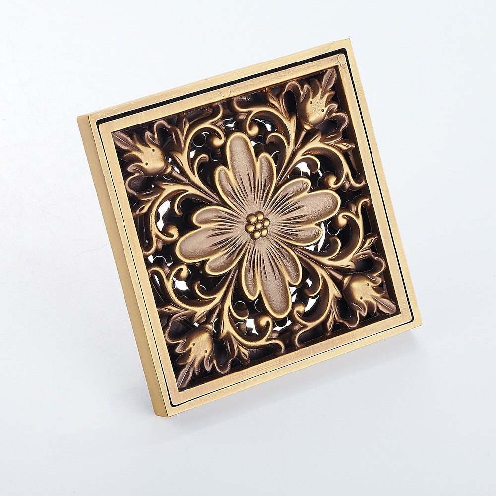 Traditional Antique Brass Square Shower Floor Drain, Removable Floral Cover Floor Drain