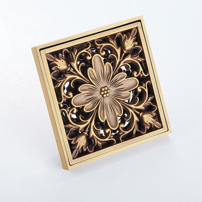 Traditional Antique Brass Square Shower Floor Drain, Removable Floral Cover Floor Drain