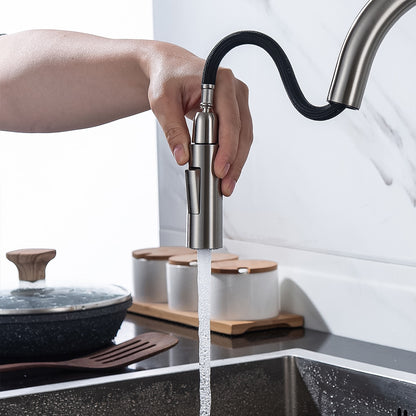 Modern Pull-Down Kitchen Faucet, Single-Handle Swivel Spout Faucet, Matte Black / Brushed Gold / Brushed Nickel / Chrome / Gunmetal