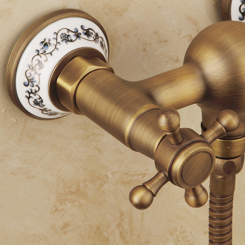 Antique Brass Wall-Mount Shower Faucet Set, Vintage Double-Handle Brass Shower Faucet with Handheld Shower