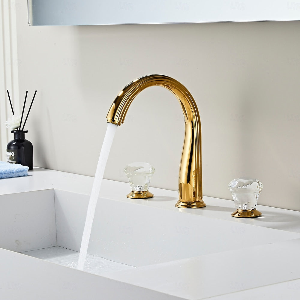 Polished Gold Modern Widespread Bathroom Faucet, 3-Hole Dual-Handle Sink Faucet with Crystal Knob Handles
