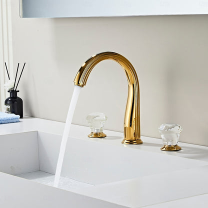 Polished Gold Modern Widespread Bathroom Faucet, 3-Hole Dual-Handle Sink Faucet with Crystal Knob Handles