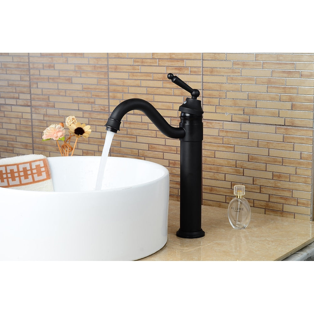 Oil-Rubbed Bronze Traditional Single-Hole Vessel Sink Faucet, High-Arc Swivel Spout Bathroom Faucet with Pop-Up Drain
