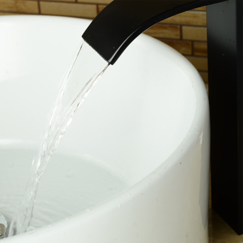Matte Black Modern Waterfall Vessel Sink Faucet, Single-Handle Single-Hole Bathroom Faucet