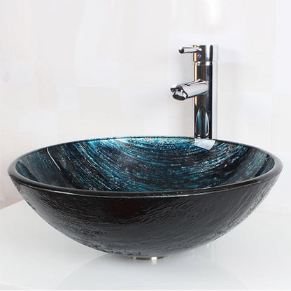 Round Blue Glass Basin Faucet Combo, Chrome Single-Handle Vessel Faucet with Pop-Up Drain