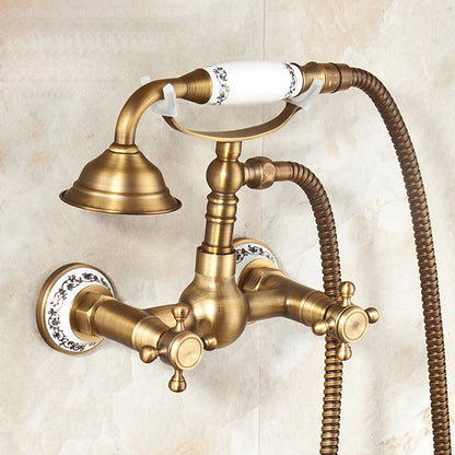 Antique Brass Wall-Mount Tub Filler Faucet, Double Cross Handle Telephone Bath Mixer Tap with Handheld Shower