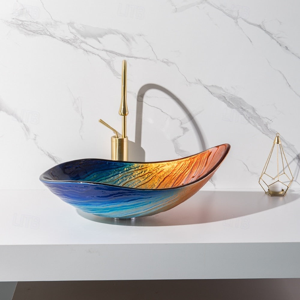 Modern Tempered Glass Vessel Sink, Single-Handle Chrome Waterfall Faucet Combo