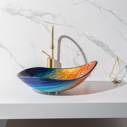 Modern Tempered Glass Vessel Sink, Single-Handle Chrome Waterfall Faucet Combo