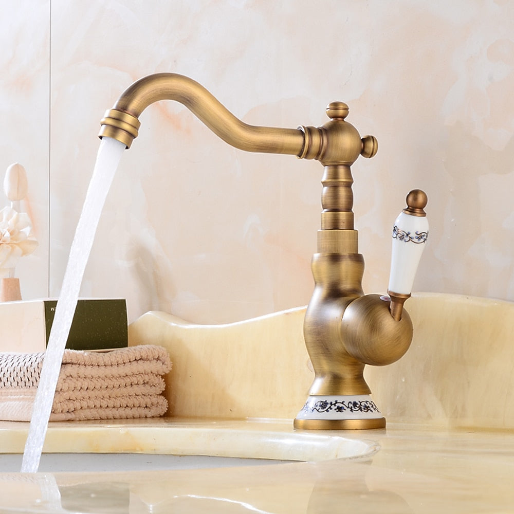 Traditional Swivel Spout Bathroom Faucet, Single-Hole Single-Handle Ceramic Lever Faucet, Antique Brass / Chrome / Polished Gold