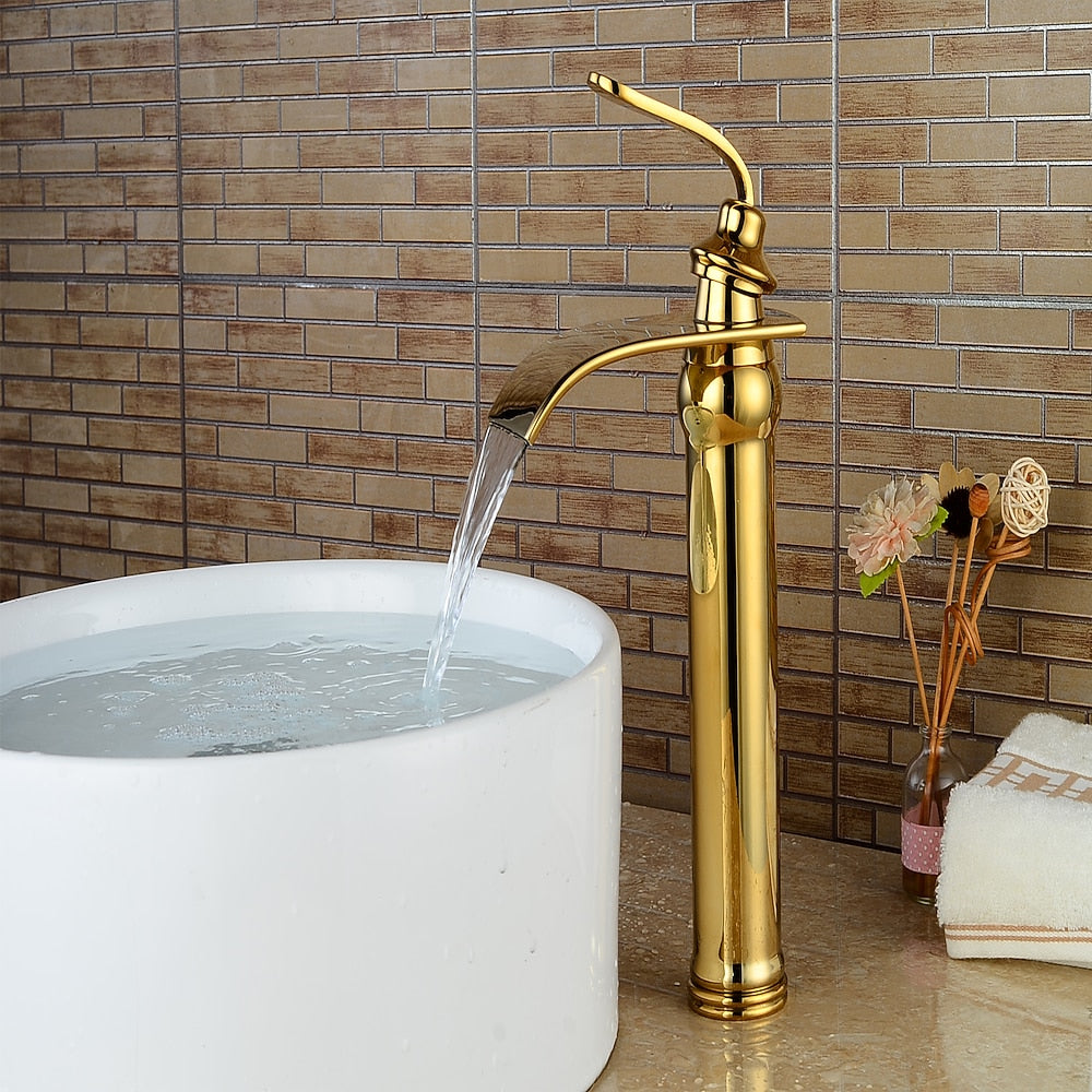 Waterfall Polished Gold Modern Vessel Sink Faucet, Single-Handle Brass Bathroom Faucet
