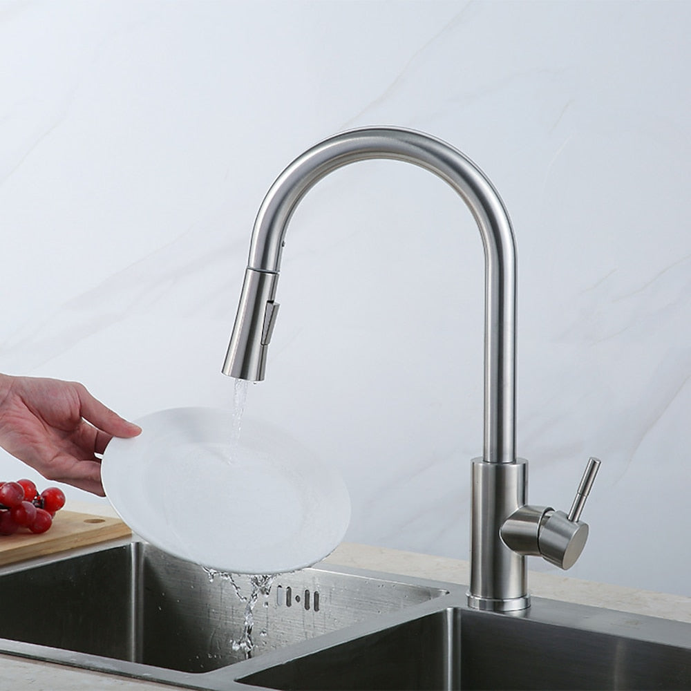 Brushed Nickel Pull-Down Kitchen Faucet, High-Arc Single-Handle Swivel Faucet