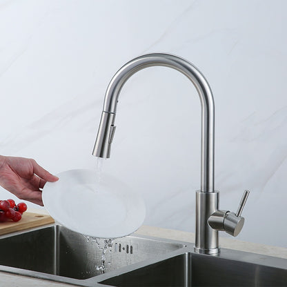Brushed Nickel Pull-Down Kitchen Faucet, High-Arc Single-Handle Swivel Faucet