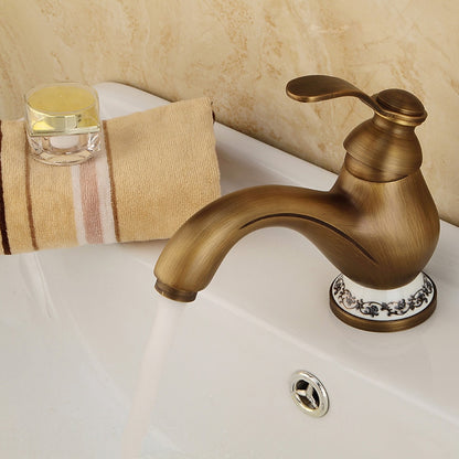 Vintage Antique Brass Bathroom Faucet, Single-Handle Single-Hole Faucet with Floral Ceramic Base