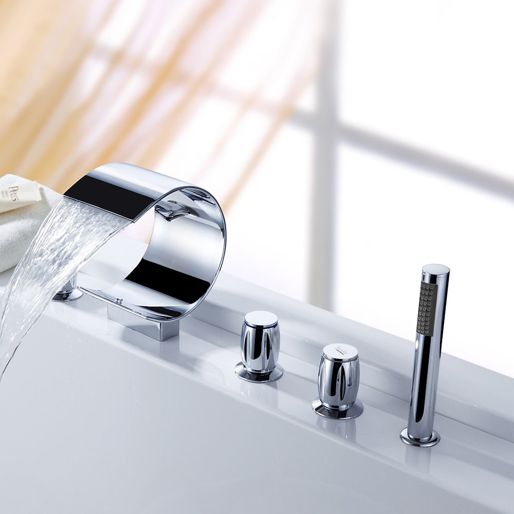 Modern Waterfall Roman Tub Faucet, 3-Handle Brass Bathtub Faucet with Handheld Shower, Matte Black / Chrome