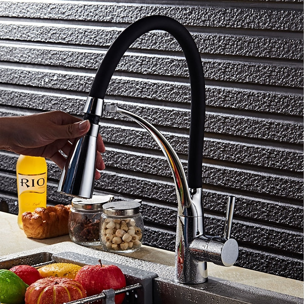 Modern LED Pull-Down Kitchen Faucet, Single-Handle Brass Faucet with Swivel Silicone Hose, Silver / Black / Multi