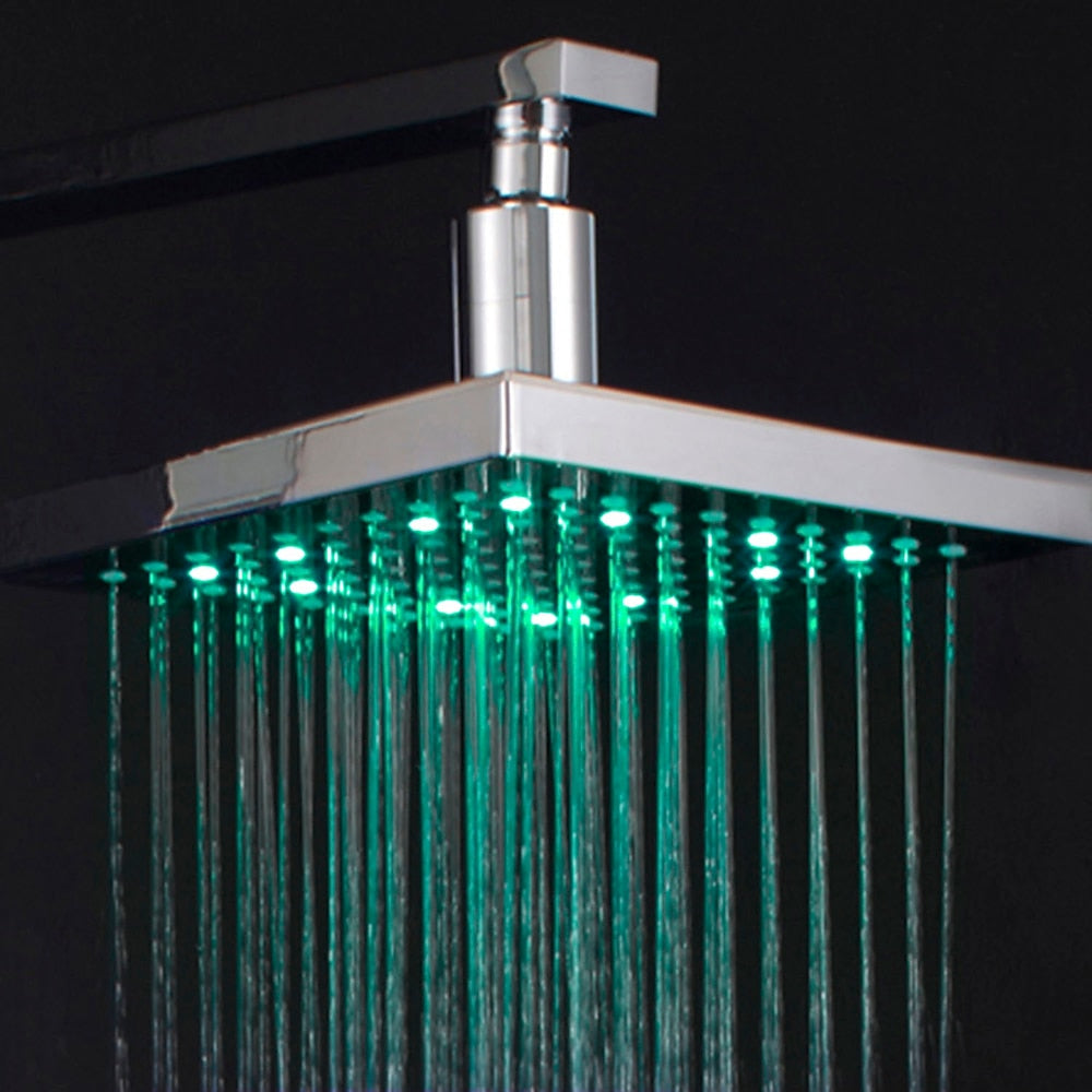 Chrome LED Rainfall Shower Head, Square Temperature-Controlled Top Spray Shower Head